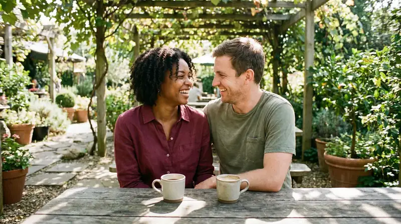 A Black woman in a burgundy linen shirt and a white man in a faded olive t-shirt laughing together at an outdoor wooden table with coffee cups between them, dappled sunlight filtering through overhead vines