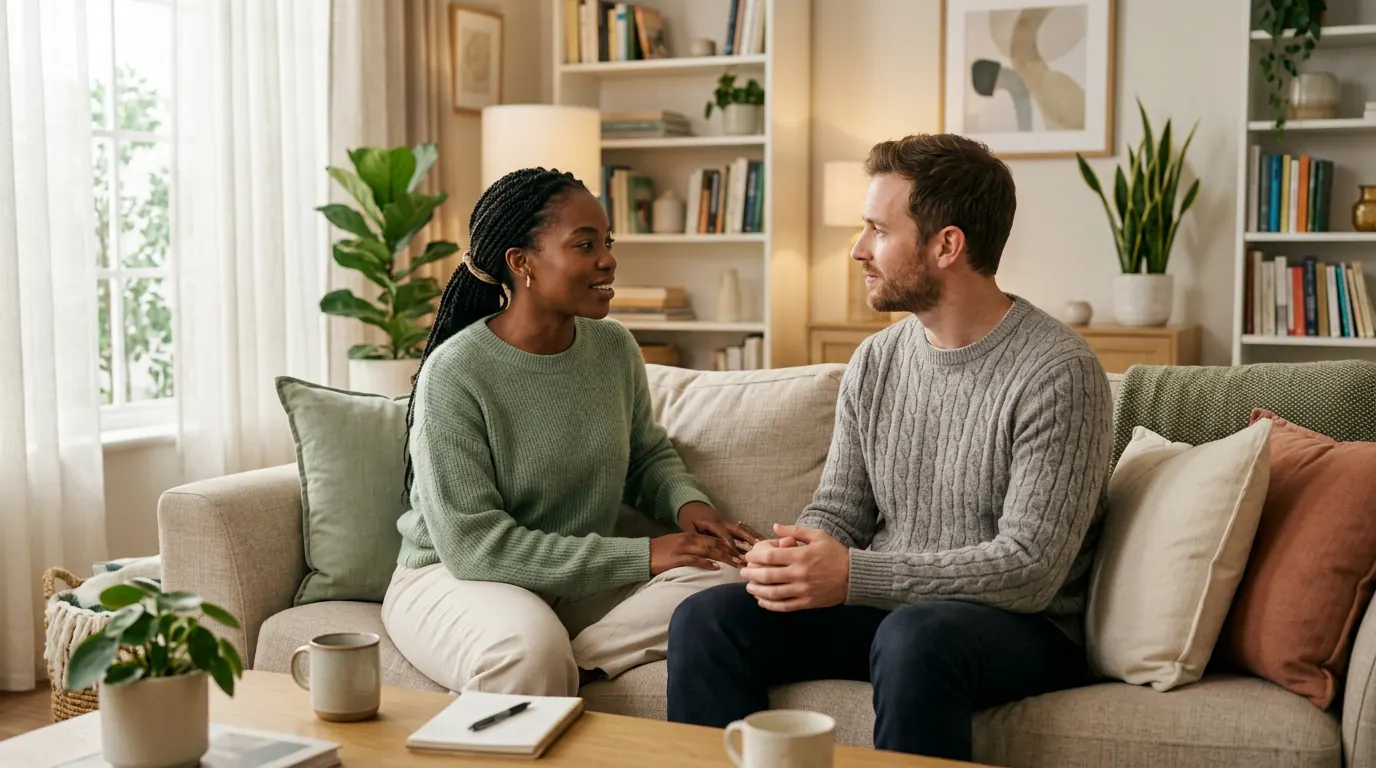 A couple sitting together on a sofa in calm, open conversation representing the warmth and safety of couples therapy