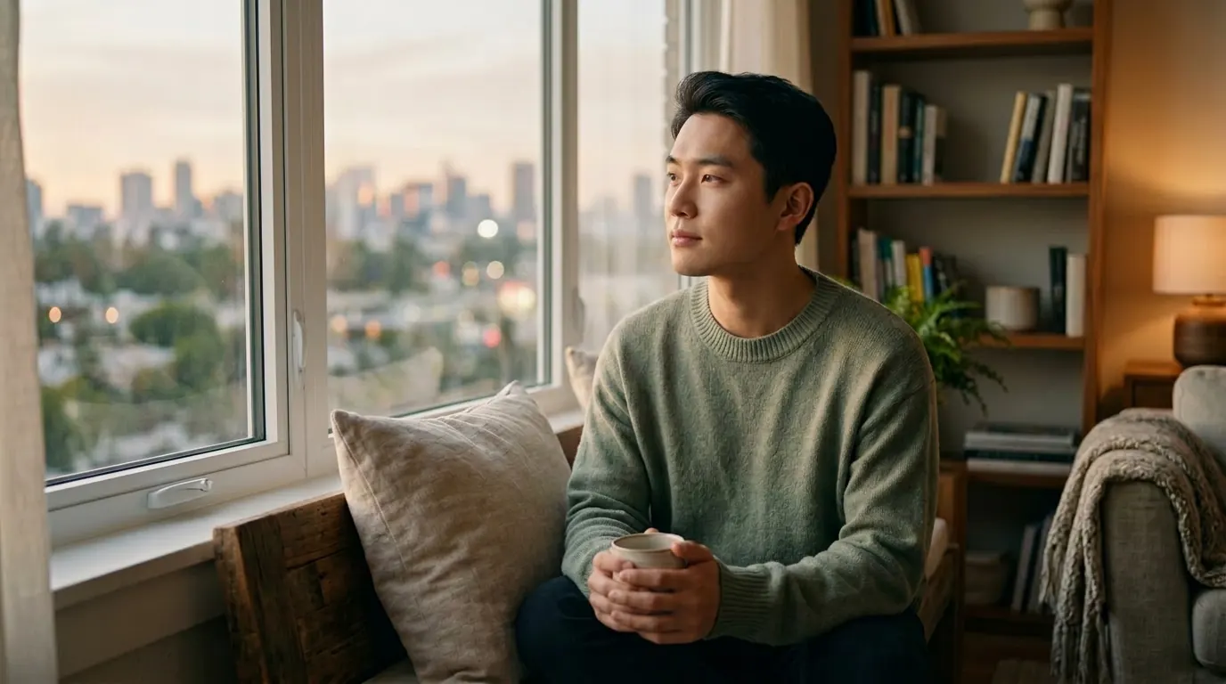 A young East Asian man by a window, soft light, calm and reflective