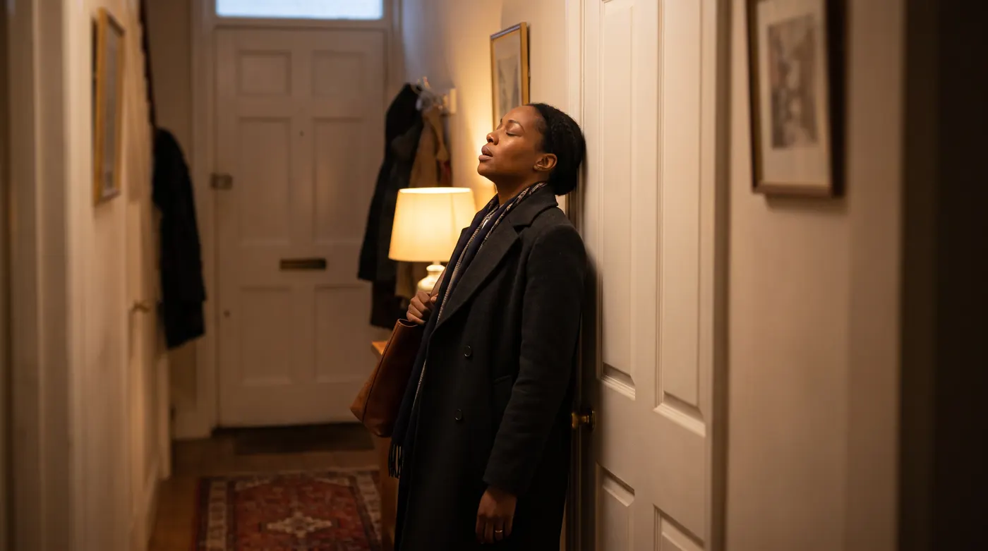 A Black British woman in her early 30s in a dark wool coat, just home from work, leaning back against a door in a lamp-lit hallway with her eyes closed and her bag slipping off her shoulder, exhaling