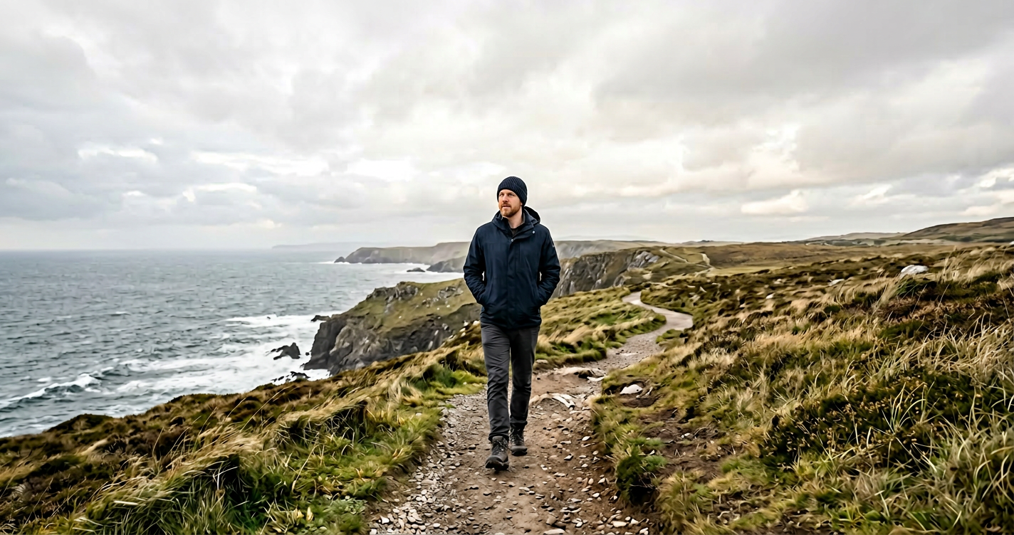 A man walking alone along a wide open coastal path, hands in pockets, looking ahead calmly
