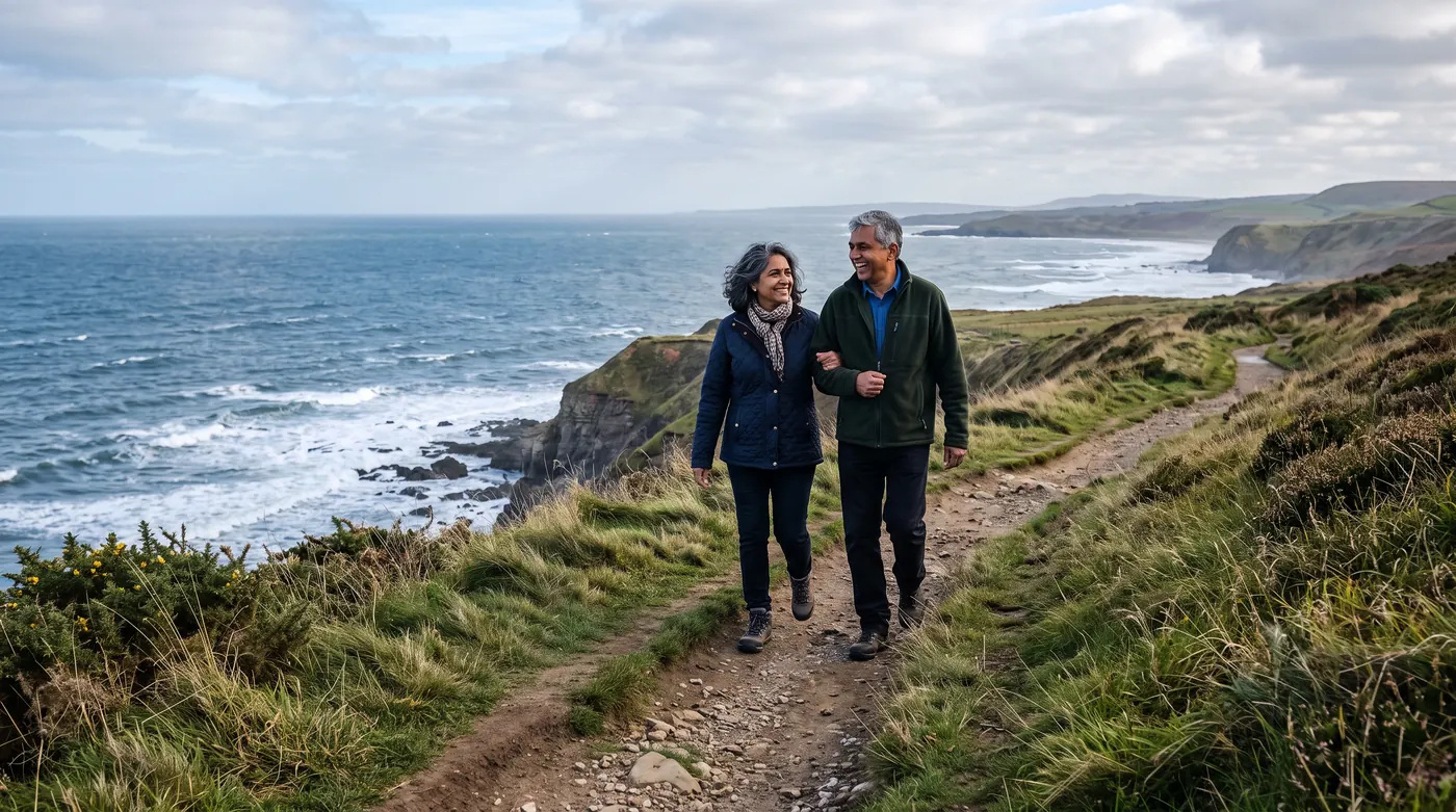 A woman in her early 50s of Indian heritage walking arm in arm with her husband along a coastal clifftop path on a breezy day
