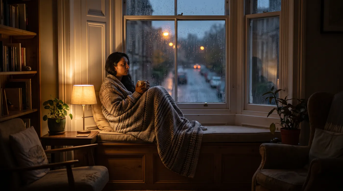 A South Asian woman in her 30s curled up under a knitted blanket on a lamp-lit window seat, holding a mug and gazing out at a dark, rain-streaked street on a late-October evening
