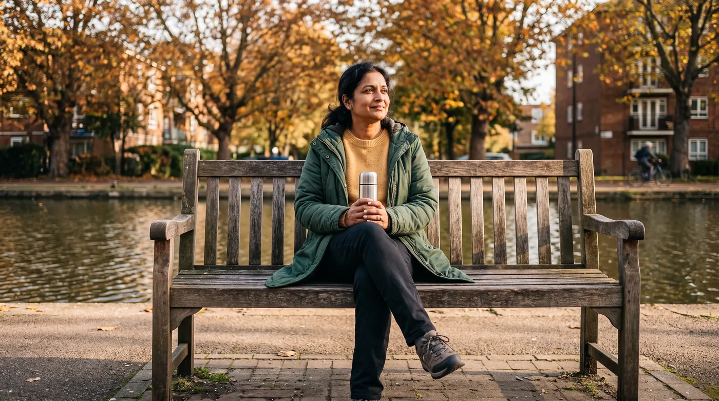 A South Asian woman in her late 40s sitting on a wooden bench beside a calm urban canal on an autumn morning, holding a flask cup in both hands, relaxed and reflective