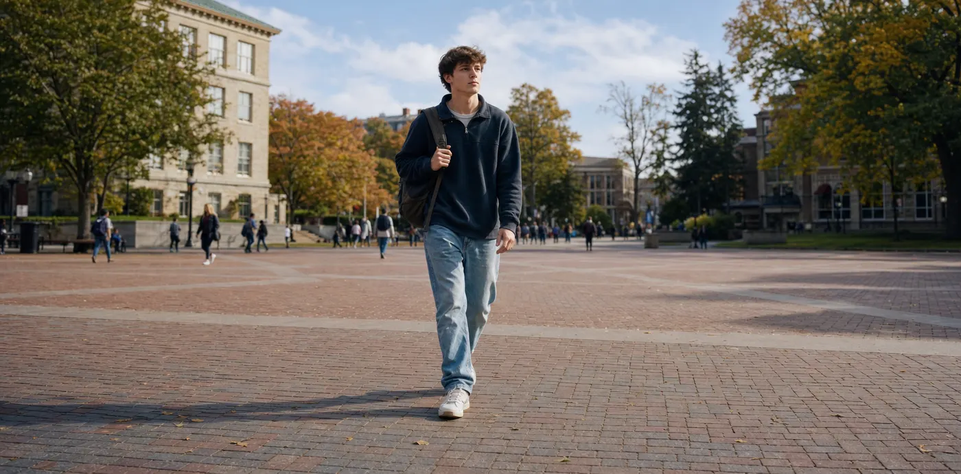 A white man in his early 20s walking alone across a university campus quad in early autumn, backpack on one shoulder, students blurred in the background, looking ahead with a slightly uncertain but calm expression