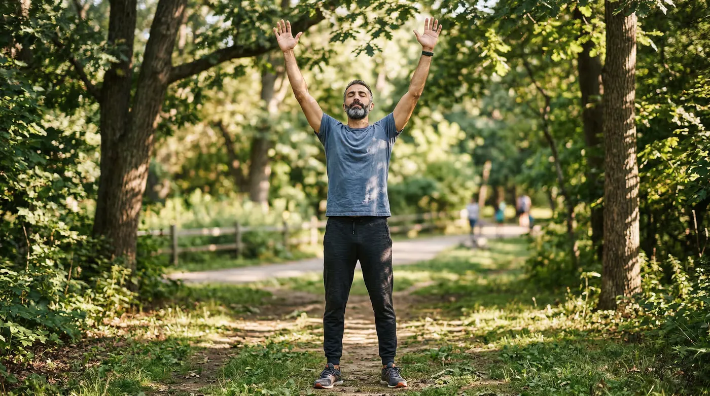 A Middle Eastern man stretching outdoors in a park, arms raised overhead in warm natural light