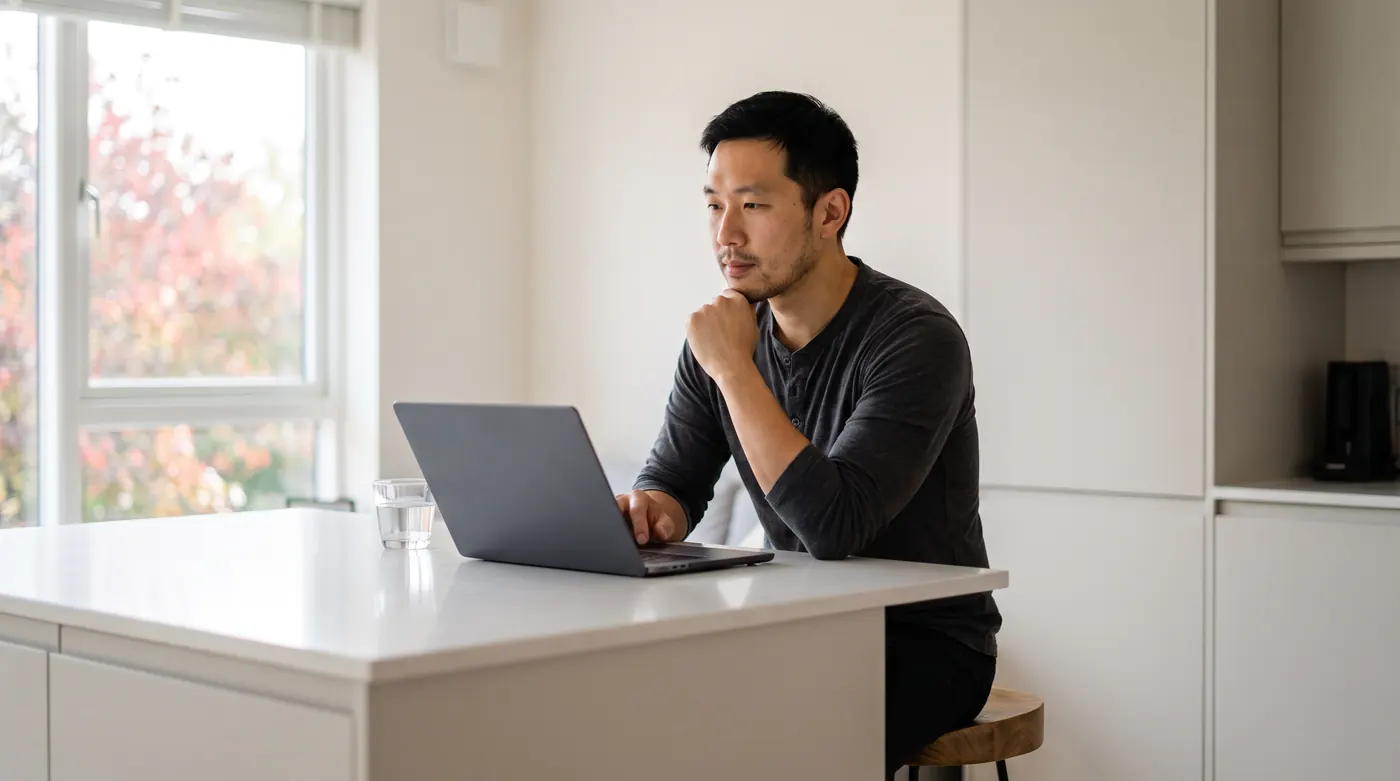 An East Asian man in his mid-30s with short black hair and light stubble, wearing a charcoal henley, sits at a white kitchen island in a bright modern apartment, resting his chin on his fist as he follows an online session on his laptop