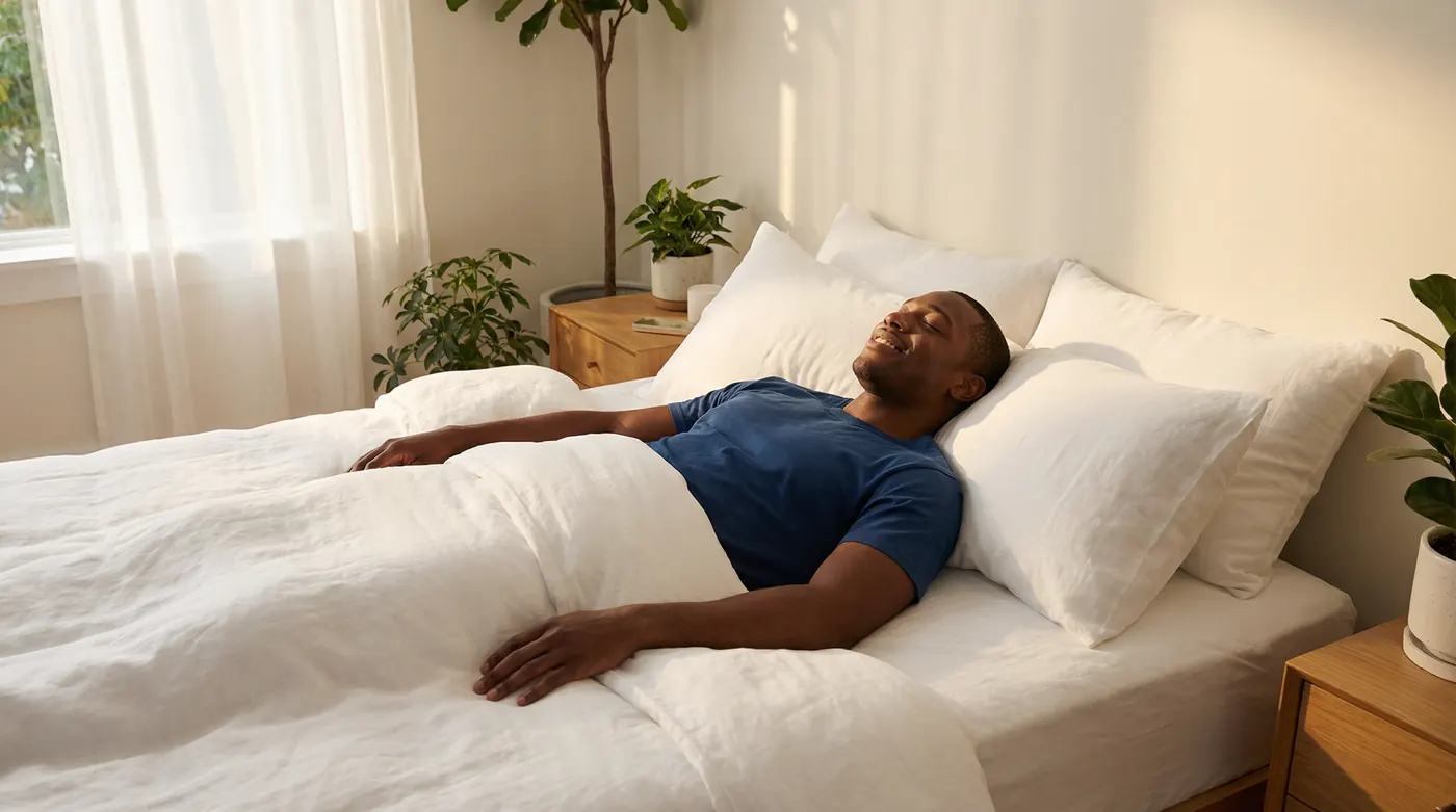 A man resting peacefully in white linen bedding, eyes closed, in a calm and softly lit bedroom